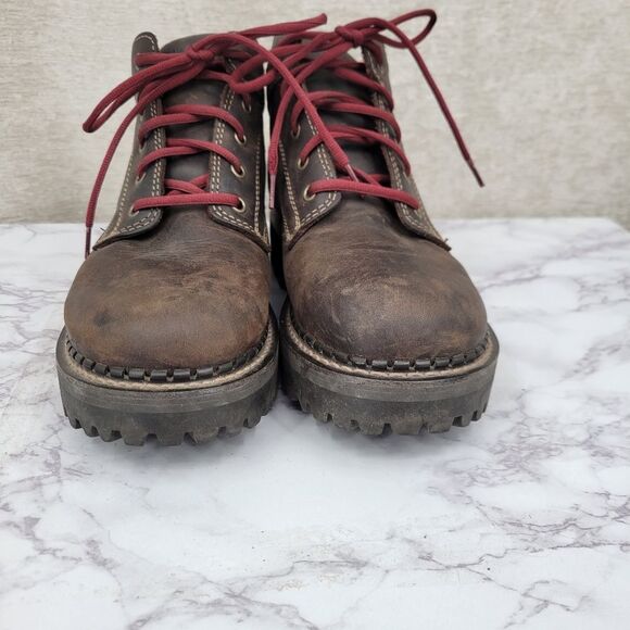 American Eagle Vintage Brown Leather  Boots with Deep Red Laces Chunky Lug Soles - Picture 11 of 12